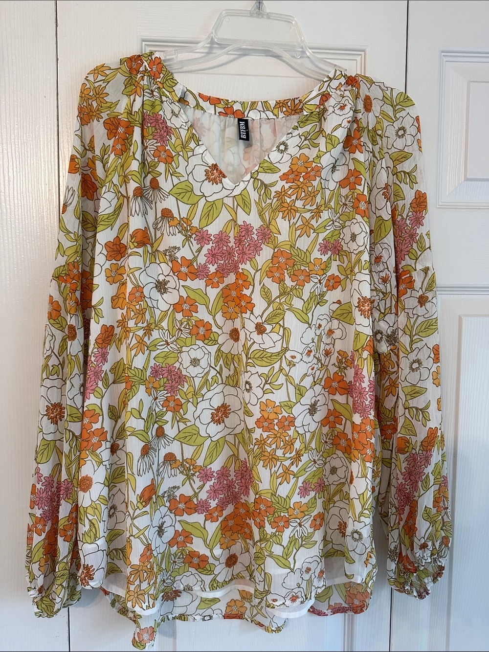 Floral V-Neck Long Sleeve Blouse - White/Orange/Green
